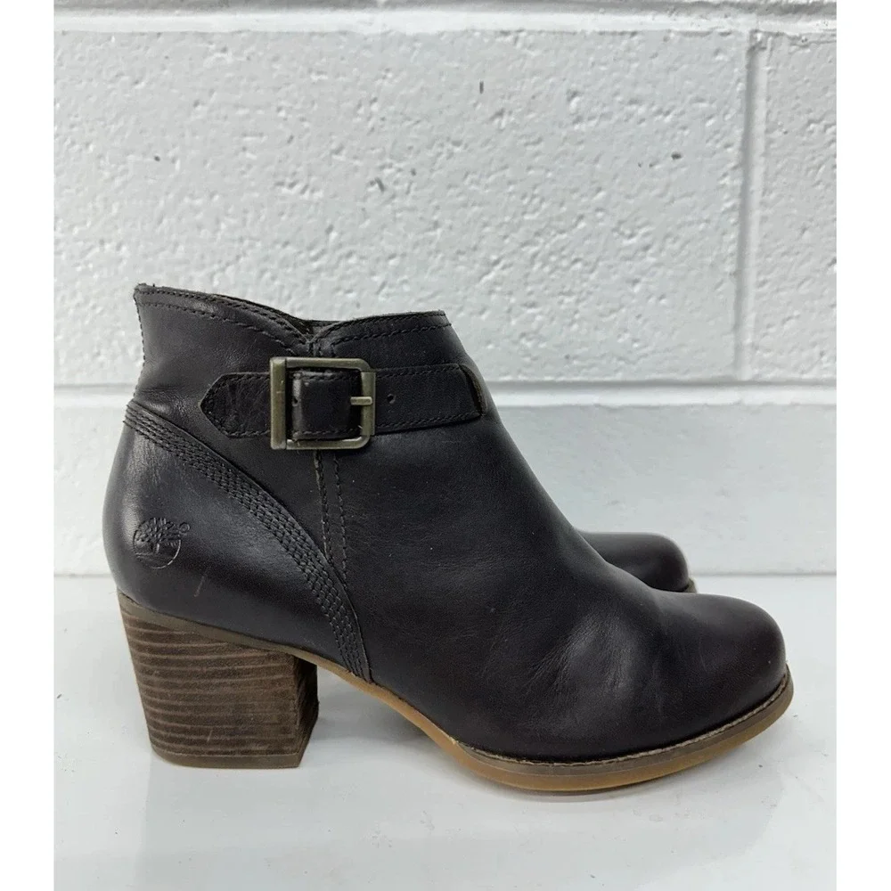 Timberland Birchmont Side Zip Brown Leather‎ Block Heel Ankle Bootie / Women's 7
